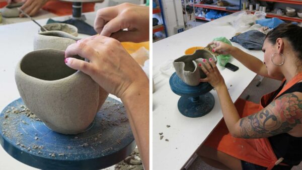 Mujer trabajando en el modelado a mano, dando forma al barro con creatividad y precisión